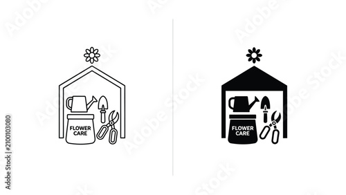 Foto Flower care garden shed icon with watering can and gardening tools