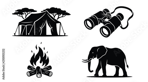 Photography Safari Elements Tent Binoculars Campfire And Elephant Silhouettes