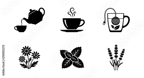 Quadro su tela Tea Time Icons: Hot Beverage, Herbal Infusions, and Floral Elements for Cafes an