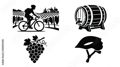 Foto Wine themed Vector Illustration With Bicycle Barrel Grapes And Helmet