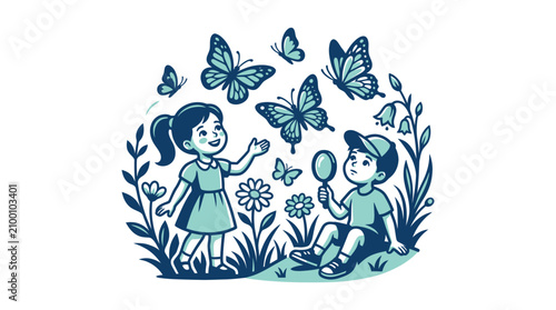 Cuadro en lienzo Children playing with butterflies outside garden.