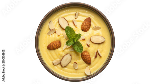 Top down view of creamy yellow dessert bowl with almonds isolated on transparent background