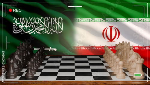 Quadro su tela Saudi Arabia vs Iran Geopolitical Chess Game - Saudi and Iranian Flags with Ches