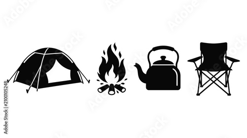 Bild auf Leinwand Camping Equipment Silhouettes On White Background tent