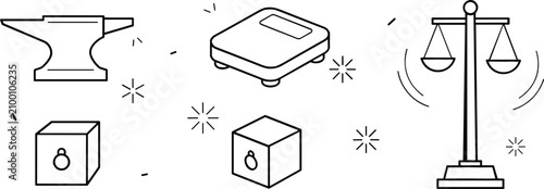 Valokuva Measurement scale tool and precision heavy weight mass object line icon set for legal justice vector elements