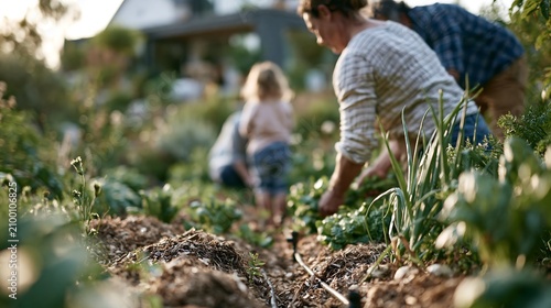 Family gardening together in a vegetable garden with drip irrigation and mulch. Sustainable food growing, climate adaptation, home harvest and water-saving gardening concept