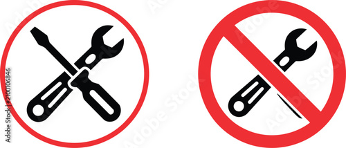 Bild auf Leinwand No tools icons, prohibition symbols featuring hammer and wrench restrictions for workplace safety, construction sites, security regulations, public facilities and warning signage