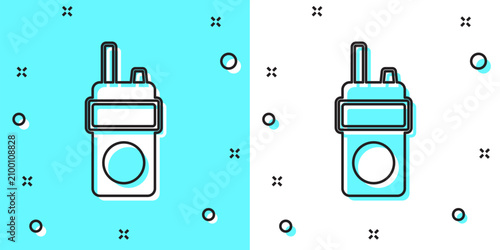Foto Black line Walkie talkie icon isolated on green and white background