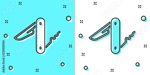 Quadro su tela Black line Swiss army knife icon isolated on green and white background
