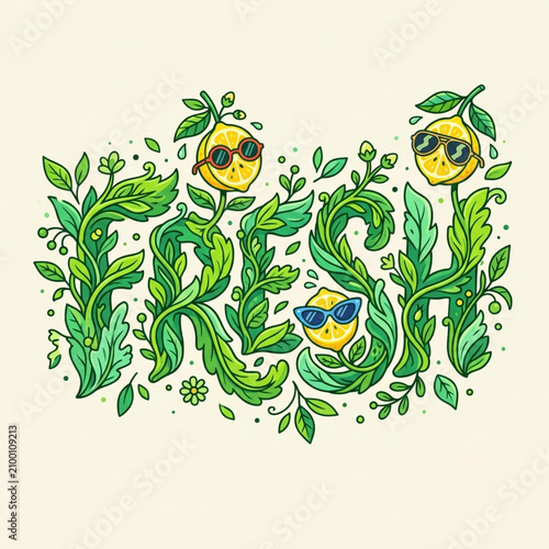 Colorful hand-drawn illustration of the word fresh with citrus and leaves.