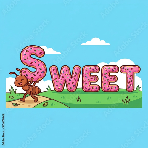 Cartoon ant carrying a pink frosted donut with the word sweet.