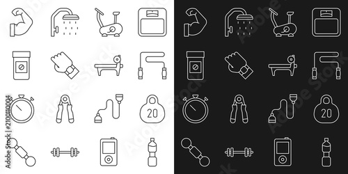 Bild auf Leinwand Set line Bottle of water, Kettlebell, Jump rope, Stationary bicycle, Smart watch hand, Anabolic drugs, Bodybuilder muscle and Bench with barbel icon