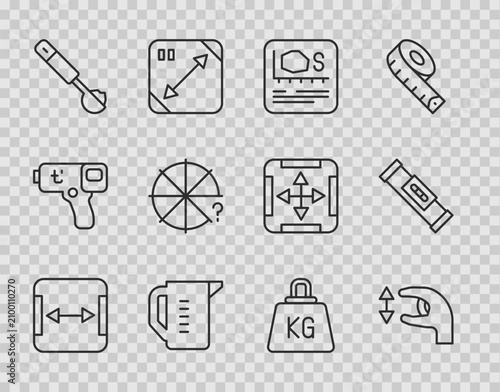 Canvas Print Set line Area measurement, Approximate measurements, Measuring cup, spoon, Circle of pieces, Weight and Construction bubble level icon