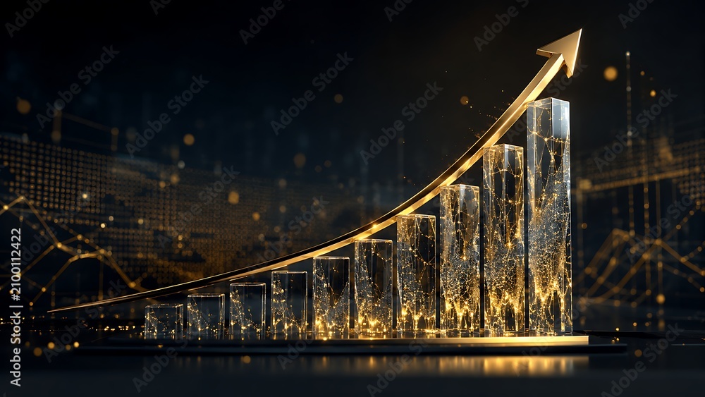 Fototapeta premium Luxury Golden Financial Growth Chart with Transparent Glass Bars and Upward Arrow