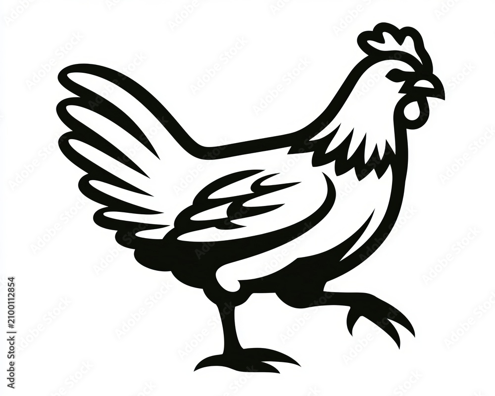 Fototapeta premium Minimalist Black Vector Outline Illustration Featuring A Farm Cartoon Hen Isolated On White Floor