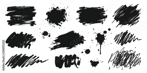 Obraz na plátně Set of black ink brush strokes and messy paint splatters for artistic design and
