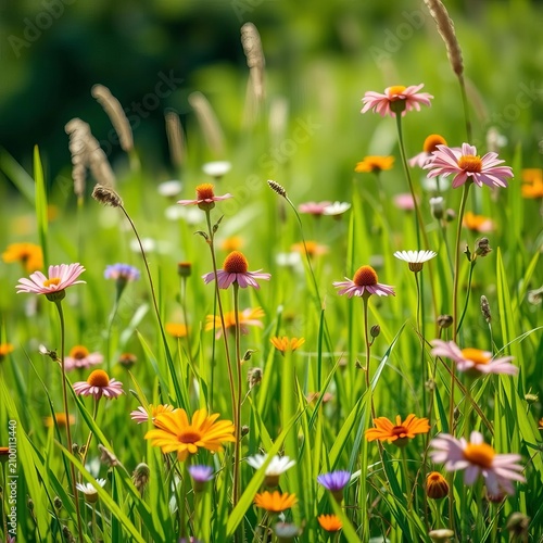 Vibrant green grass and wildflowers sway in the gentle summer breeze, wildflowers, scenery