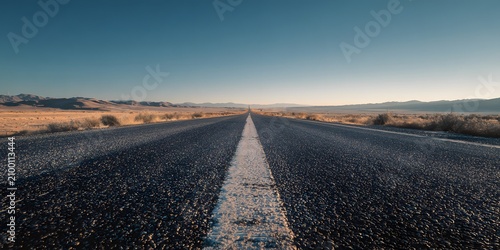 Endless asphalt road stretching into the horizon under a clear blue sky.
