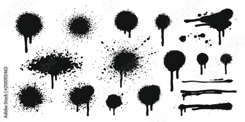 Foto Set of black ink spray paint splatter shapes and messy drip marks for creative a