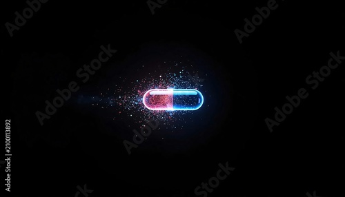 Glowing Neon Capsule Pill Explosion with Colorful Particles on Dark Background High Contrast Medical Concept