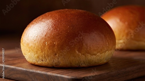 Golden brioche bun on rustic wooden board, soft focus background, freshly baked delicious bread.