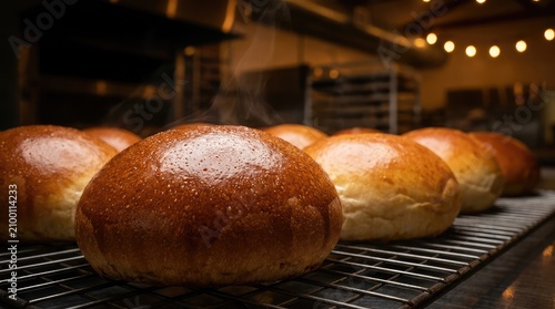 Row of freshly baked golden brown brioche buns on cooling rack in bakery kitchen.