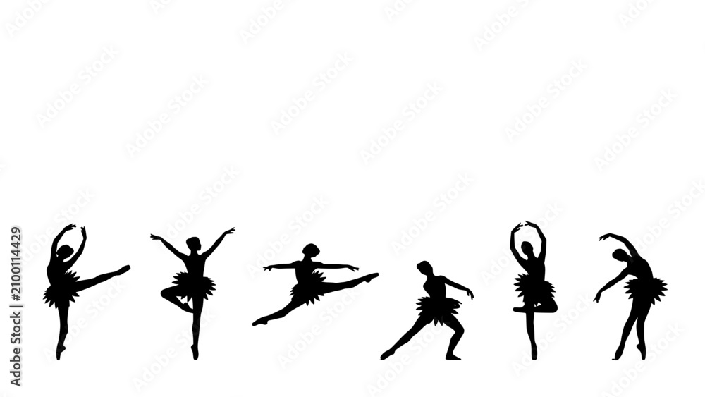 Obraz premium Ballerinas in Various Graceful Poses as Black Silhouettes Featuring Ballerina, Silhouette, Dance with Ballet and Pose Elements