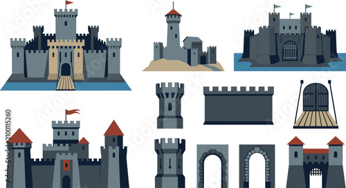 Vászonkép Medieval Castle Fortress Elements Collection Featuring Stone Towers, Defensive W