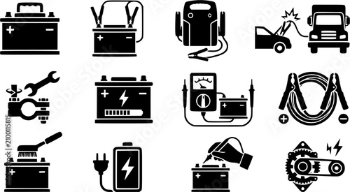 Battery & Jump Start silhouette icon set, flat black glyph style, pure white background