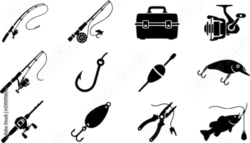 Fishing Rod & Tackle silhouette icon set, flat black glyph style, pure white background