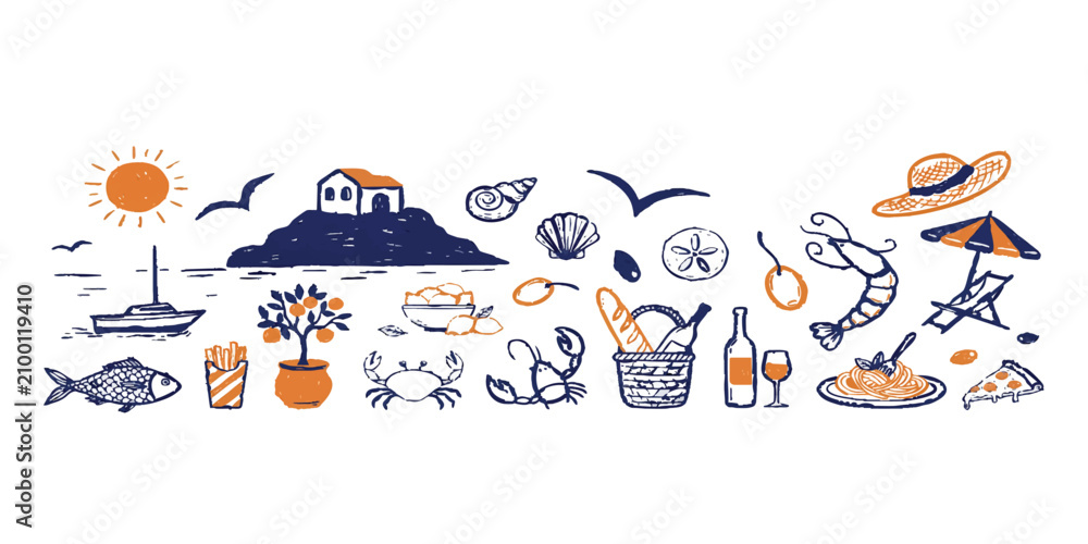 Naklejka premium Hand drawn summer vacation icons set with beach elements food travel items and sea life sketches