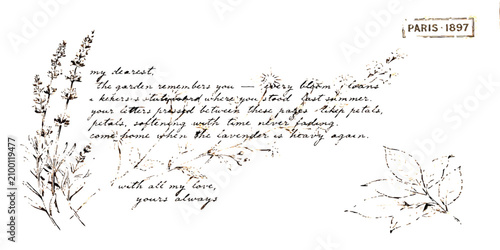 Foto Vintage handwritten love letter from paris 1897 with ink lavender flower illustr