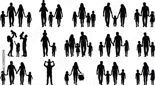 Cuadro en lienzo Family Silhouette Vector Bundle with Parents Children and Multi Generation Black