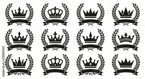 Tableau sur toile Eight black silhouettes of crowns encircled by laurel wreaths with ribbons on a