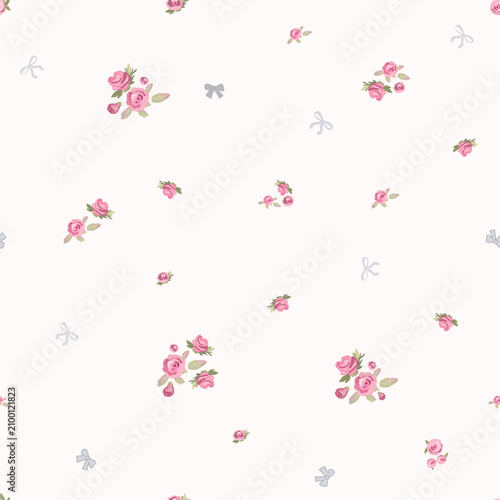 Pink roses ditsy and bows seamless fabric design pattern.eps