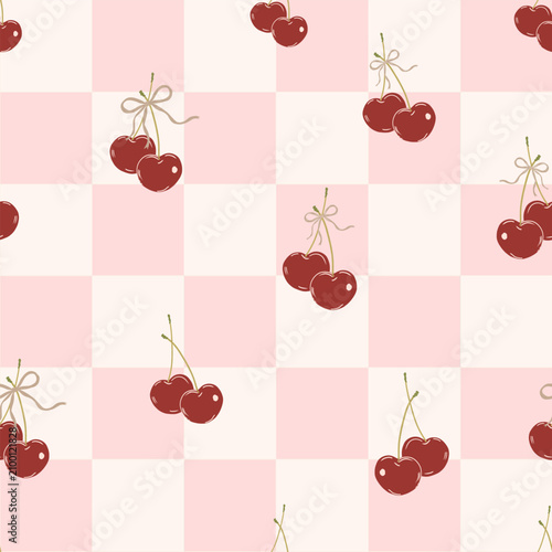 Pink plaid red cherry with bows seamless fabric design pattern.eps