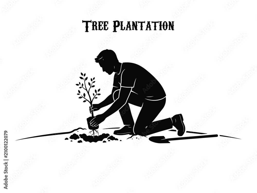Fototapeta premium Man Planting Tree Sapling Silhouette