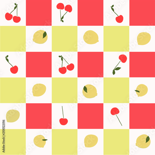Cute red and yellow plaid vibrant cherry and lemon seamless fabric design pattern.eps