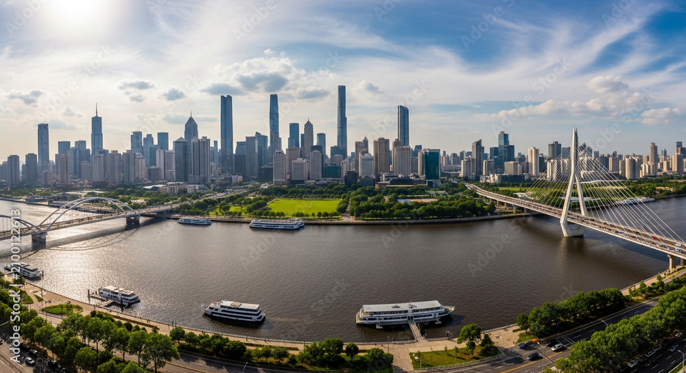 Fototapeta premium Panoramic aerial view of Guangzhou city skyline with Pearl River and modern bridges under a blue sky in China
