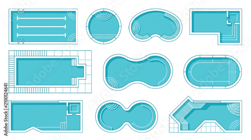 Top View Swimming Pool Collection with Rectangular Circular Kidney and Luxury Pool Designs Vector Set