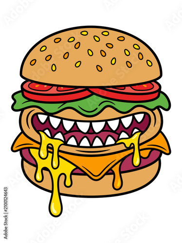 Принти на полотні Cartoon burger with sharp teeth and melting cheese