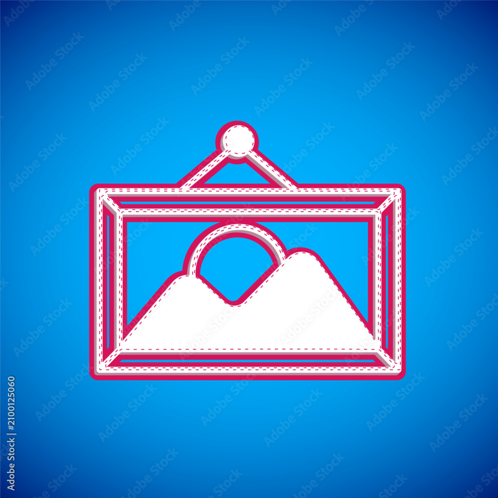 Naklejka premium White Picture landscape icon isolated on blue background. Vector