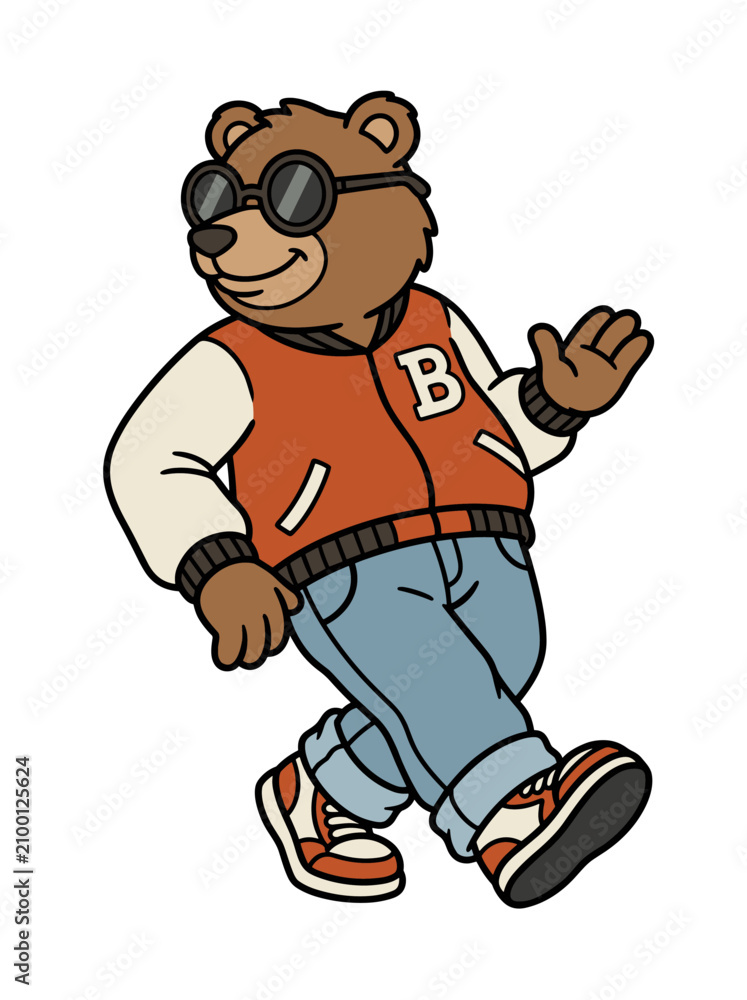 Obraz premium Cool cartoon bear wearing a varsity jacket and sunglasses