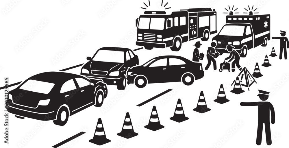 Naklejka premium Emergency services responding to a multi-car road accident scene