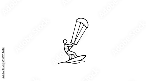 Bild auf Leinwand A clean black and white line art vector icon of a parachute with kite surfer silhouette descending, perfect for extreme sports, adventure, or outdoor recreation themes