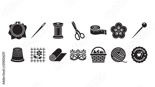 Fotografie Vintage sewing icons set, black needlework and embroidery symbols, 14 handmade c