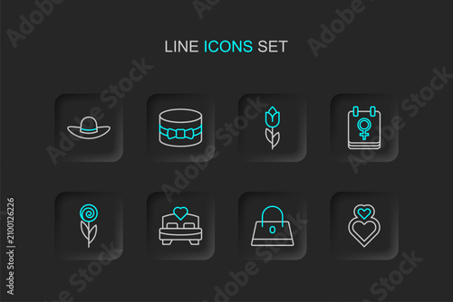 Принти на полотні Set line Heart, Handbag, Bedroom, Flower, Calendar with 8 March, tulip, Gift box heart and Elegant women hat icon