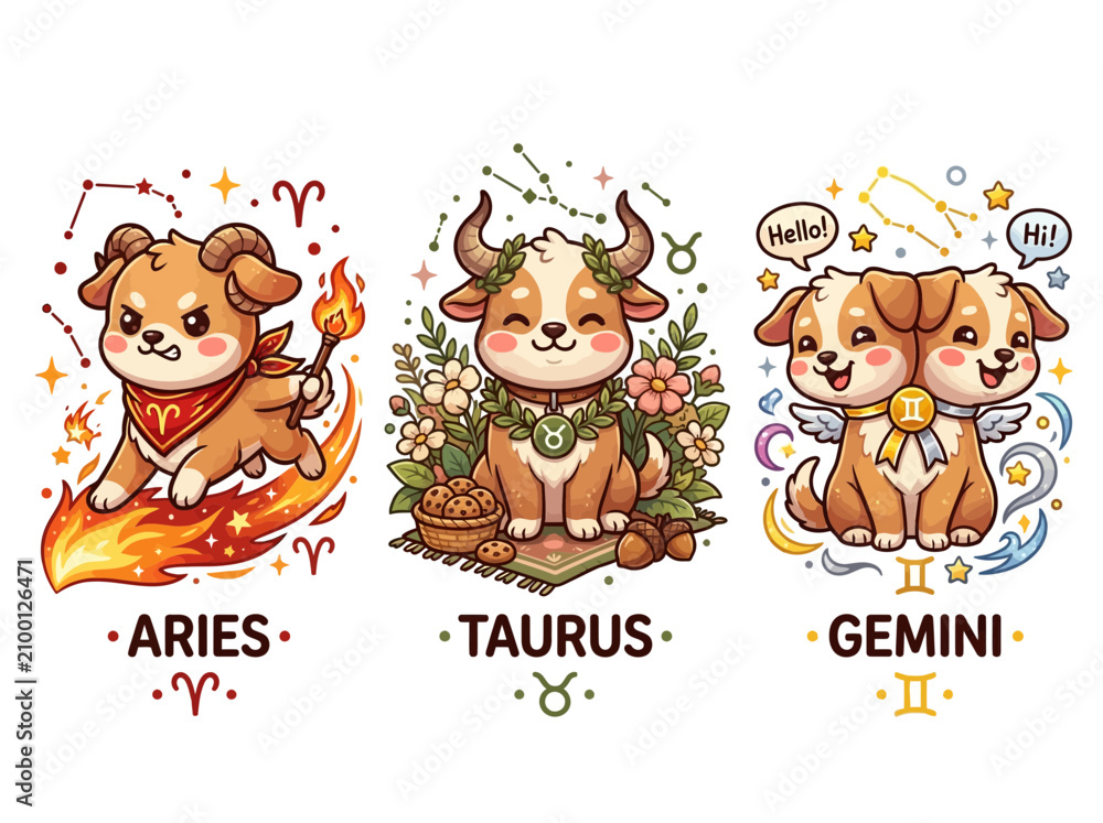 Fototapeta premium Adorable kawaii animal zodiac illustrations Aries, Taurus, Gemini. Each design features vibrant astrological symbols, delightful character expressions, and playful details