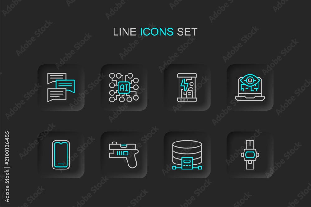 Naklejka premium Set line Wrist watch, Cloud database, Futuristic weapon, Mobile phone, Computer vision, Cryogenic capsules, Neural network and Speech bubble chat icon. Vector