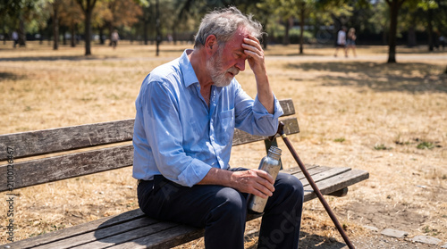 An elderly man suffering from heat exhaustion while sitting alone on a park bench outside